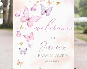 Butterfly Baby Shower Welcome Sign, Purple Pink Theme (Printable)