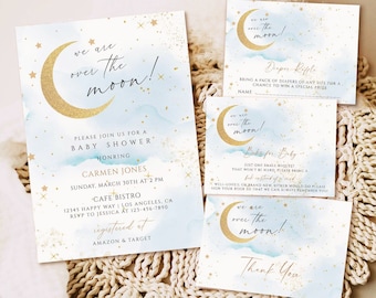 Editable Over the moon baby shower invitation template, blue Twinkle Little Star baby shower invite, Printable Template, Instant download