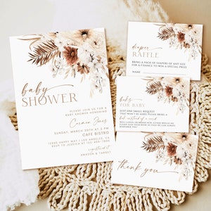 Convite para chá de bebê Boho, download de convite para chá de bebê floral Boho, gênero neutro, convite para flores secas, download de modelo editável