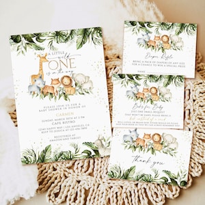 Bearbeitbare Dschungel-Babyparty-Einladungs-Set, Safari-Tiere-Babyparty-Einladungs-Bündel, Wild One Safari-Einladung, geschlechtsneutrale Babyparty-Einladung