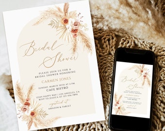 Pampas Grass Bridal Shower invitation, Boho Bridal Shower Invitation template, Bridal Shower Invitation Template, Printable bridal shower