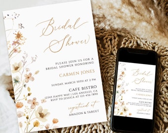 Bridal shower invitation template, wildflower bridal shower invitation, Boho bridal shower invitation template, bridal shower printable