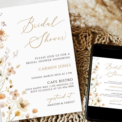 Boho Bridal Shower Invitation Bohemian Invitation Wildflower Etsy