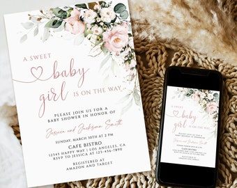 Blush Pink Floral Baby Shower Invitation Template (Instant Download)