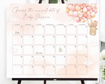 Teddybeer baby vervaldatum kalender, voorspellingsspel (bewerkbare sjabloon)