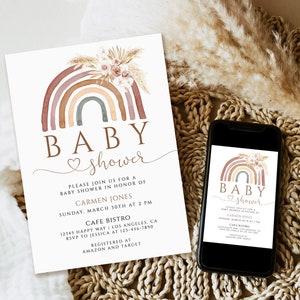 Editable Boho Rainbow Baby Shower Invitation Pink Pampas Grass Boho Rainbow Baby Shower Invite Printable Template Instant Download editable