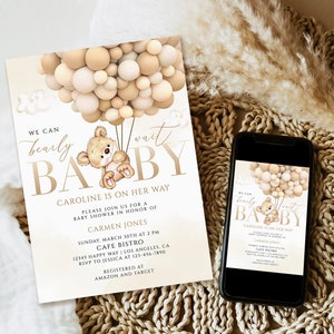 Editable Teddy Bear Hot Air Balloon Bear Theme Baby Shower Invitation Template We Can Bearly Wait Invites Instant Download, Brown teddy bear