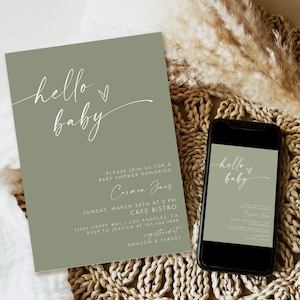 Minimalist Baby Shower Invitation, Gender Neutral Baby Shower, Hello Baby Invite, Modern Sage green Baby Shower download Editable Template