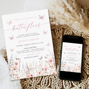 Lifetime of Butterflies Bridal Shower Invitation, Printable Wildflower Butterfly Floral Party Invitation Editable, Butterfly Bridal Invite