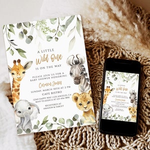 Safari Baby Shower Invitation, Wild One is on the Way Baby Shower Invite, Safari Jungle Baby Shower Invitation template,safari animas invite