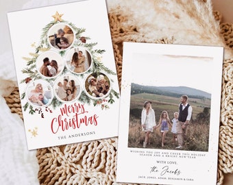 May include: Two Christmas cards. One features a tree design with family photos and the text "Merry Christmas." The other card displays a family photo with the text "Wishing you joy and cheer this holiday season and a bright new year."