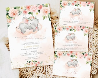 Elephant baby shower invitation set template, Blush pink Floral Editable Baby Shower Invitation printable, Girl baby shower invite download