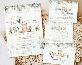 EDITABLE Greenery Gold We Can Bearly Wait Teddy Bear Baby Shower ...
