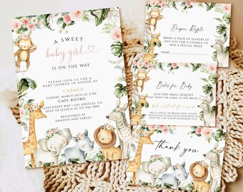 May include: A baby shower invitation with a jungle theme. The invitation features a pink and green color scheme with a floral design. The text on the invitation reads "A Sweet Baby Girl is on the Way". There are also two smaller cards with text that reads "Diaper Raffle" and "Books for Baby".