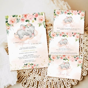 Elefant Baby-Dusche-Einladungs-Set Vorlage, Blush rosa Blumen bearbeitbare Baby-Dusche-Einladung printable, Mädchen-Baby-Dusche-Einladung zum Download