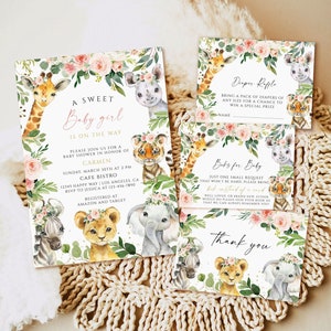 Conjunto de invitación editable para baby shower en la jungla, paquete de invitación para baby shower con animales de Safari, invitación a Safari Wild One, bebé de género neutro