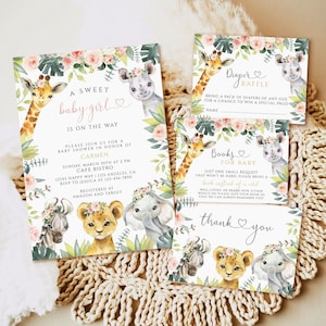 Invitación editable de Safari Baby Shower, invitación de Baby Shower de Wild One Jungle, invitación de Baby Shower Girl, plantilla imprimible Descarga digital