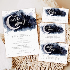 Editable Over the moon baby shower invitation template, blue Twinkle Little Star baby shower invite, Printable Template, Instant download
