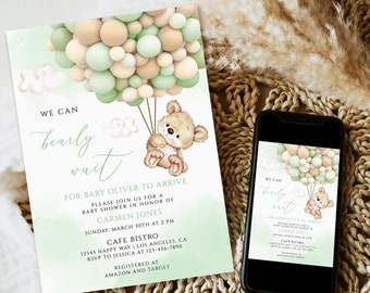 Teddy Bear Baby Shower Invitation Template, Green Balloons (Digital Download)