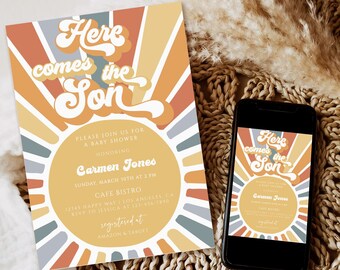 Sunshine Baby Shower Invitation, Retro Boho (Editable Template)