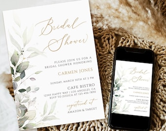 Eucalyptus Bridal Shower Invitation Template, Greenery Bridal Shower Invitation Printable, Bridal shower Download, Boho bridal shower invite