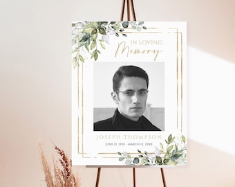 Eucalyptus Greenery Funeral Welcome Sign, Memorial Sign (Editable Template)