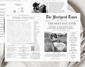 Newspaper Wedding Program Template, Folded Reception Timeline (Digital Download)