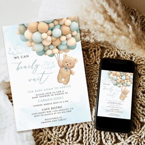 Editable Teddy Bear Hot Air Balloon Bear Theme Baby Shower Invitation We Can Bearly Wait Invites Template blue teddy bear download printable