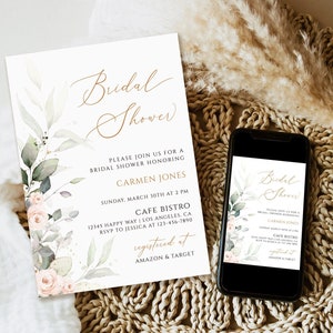 Greenery Gold Bridal Shower Invitation, Bridal shower invitation template, Bridal Shower Invitation Printable, Bridal shower Printable