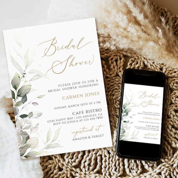 Eucalyptus Bridal Shower Invitation Template, Greenery Bridal Shower Invitation Printable, Bridal Shower Download, Boho Bridal Shower Invitation