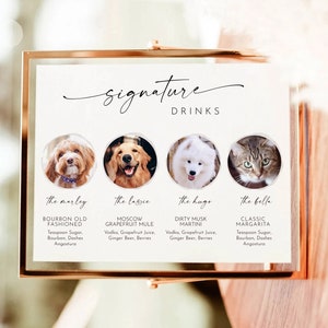 Znak na drinka z podpisem psa, znak na koktajl z podpisem zwierzaka, minimalistyczny znak na bar weselny, znak na koktajl z podpisem psa, szablon edytowalny, menu baru