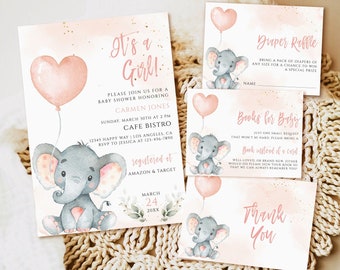 Elephant Girl Baby Shower Invitation Set, Pink Balloons (Printable Template)