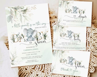 Elephant Baby Shower Invitation Template, Greenery Invite Set (Digital Download)