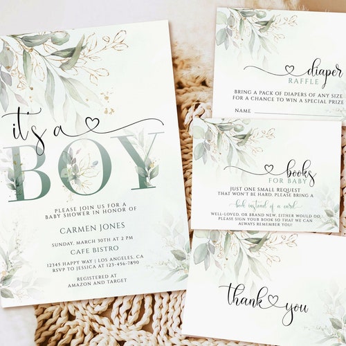EDITABLE Greenery Baby Shower Invitation Green Gold Etsy
