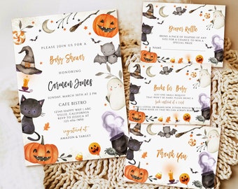 May include: A set of Halloween-themed baby shower stationery including an invitation, diaper raffle card, books for baby card, and thank you card. Each piece features watercolor illustrations of pumpkins, ghosts, cats, bats, and cauldrons.