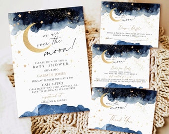 We are over the Moon Baby Shower Invitation Set, Blue Twinkle Little Star baby shower invite, Printable Template, Instant download