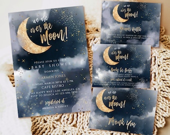 Over the Moon Baby Shower Invitation Set, Moon and Stars (Editable Template)
