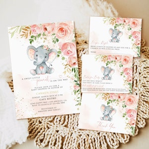Elefant Baby-Dusche-Einladungs-Vorlage, Blush rosa Blumen bearbeitbare Baby-Dusche-Einladung druckbare, Mädchen-Dusche-Einladungs-Set Download
