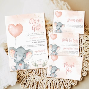 Elefant-Baby-Dusche-Einladung Mädchen, druckbare Einladungsvorlage, bearbeitbare rosa Ballon-Babyparty-Einladungs-Download, Einladungsset