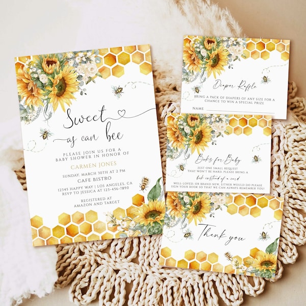 Editable Sunflower Bee as sweet as can Bee Baby Shower Invitation Gender Neutral Printable Baby Shower Invite Template Instant Download