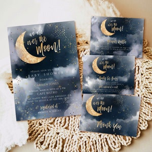 Editable Over the moon baby shower invitation template, Moon And Stars Invite set, Twinkle little Star baby shower invitation download