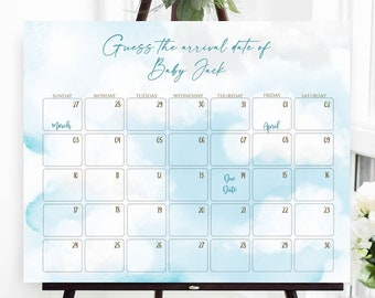 Op de afbeelding: Een blauwe en witte aquarelkalender met de tekst "Raad de aankomstdatum van Baby Jack" bovenaan. De kalender is voor maart en april, met de uitgerekende datum gemarkeerd op 14 april.