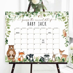 Woodland Baby Due Date Calendar, Guess Baby's Birth Date, Guess Baby Birthday Calendar, Guess Baby's Birthday, Baby Prediction, Due Date Game