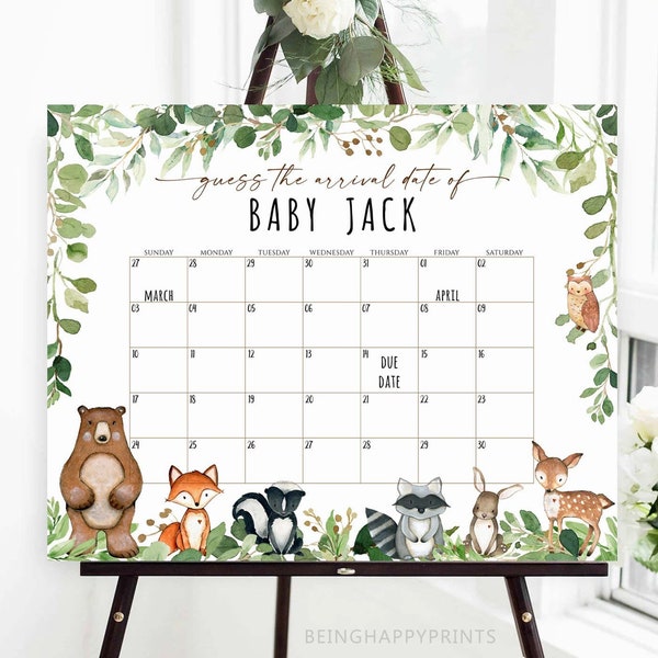 Woodland Baby Due Date Calendar, Guess Baby's Birth Date, Guess Baby Birthday Calendar, Guess Baby's Birthday, Baby Prediction,Due Date Game