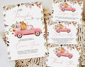 A Little Pumpkin Baby Shower Invitation Set, Girl Pink Pumpkin Truck baby shower Invitation Download, Fall Baby Shower Invitation, Editable