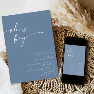 Boho Minimalist Baby Shower Invitation, Boy Blue Baby Shower invite Template, Modern blue Baby Shower Editable Template Download printable