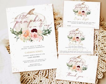 May include: A set of baby shower invitations and cards with a pumpkin theme. The main invitation reads "A little pumpkin is on its way!" and includes details for the event. Additional cards include "Diaper Raffle" and "Thank You".