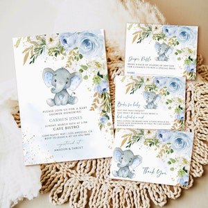 Olifant baby shower uitnodiging sjabloon, blauwe bloemen bewerkbare baby shower uitnodiging afdrukbare, jongen baby shower uitnodiging set downloaden