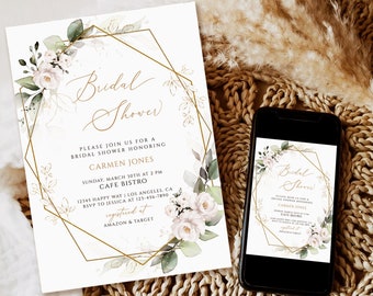 Greenery Gold Floral Bridal Shower Invitation Template (Digital Download)