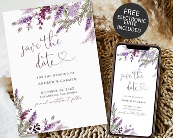 Save The Date Template, Lavender Save the Date Digital Download, Smartphone, floral Save the Date Digital Template, Editable template